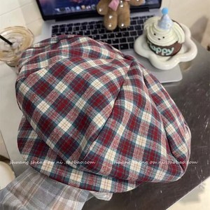 Japanese Retro Plaid Beret For Women Spring Summer Cotton Flannel Sun Protection <b>Hat</b> Stylish Commute Artistic Painter Cap - Product Image 4