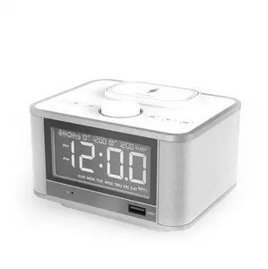 2024 New Product FM Radio Wireless Phone Charging Stand Alarm Clock BT Speaker with LED Display Dual Alarm Digital Desktop Table