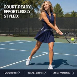 Vestido de Golf y Tenis Haoxichen para Mujer, Color Azul Marino, <span class=keywords><strong>con</strong></span> Cuello de Cierre de Cremallera, <span class=keywords><strong>Falda</strong></span> Plisada, Shorts Integrados, Secado Rápido, Venta al Por Mayor OEM - Product Image 3