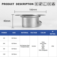Projecteur extérieur IP68 étanche, lumière de piscine subaquatique, 2700-7000K, couleur, 12V 24V, acier inoxydable, mini lumière LED encastrée 3W