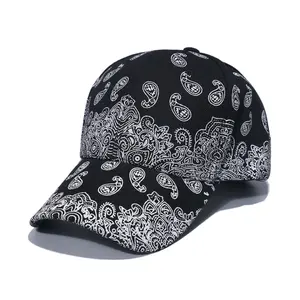 custom urban paisley sport hat white and black color cotton twill 6 panel sports hat with full paisley print pattern on sale