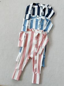 100% コットンストライプベビーロンパージッパー付き長袖ジャンプスーツ新生児男の子女の子用ソフト幼児寝間着 - Product Image 2