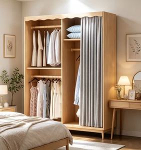Armoire en bois moderne avec porte coulissante en tissu, grande capacité de rangement pour vêtements, style scandinave pour chambre à coucher - Product Image 6