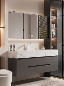 Mobile Bagno Lusso Leggero Tutto-in-uno con Lavabo Integrato, Top in Ceramica Effetto Roccia Senza Giunzioni, Pannello Porta Laccato e Specchiera - Product Image 4