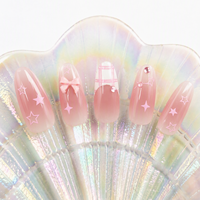 Faux ongles roses à presser, forme cercueil, motif nœud, étoile, écossais, strass, réutilisables pour femmes