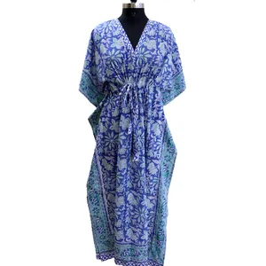 Women Caftan Swimsuit Beach Cover up Indian Block Print One Piece Cotton Blue caftan Dress (36"x 50" inches)