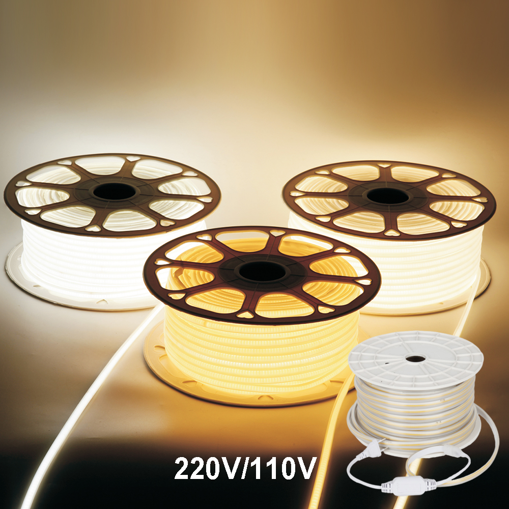 LED Strip Cob 110V 220V, lampu Strip Cob LED IP65 tahan air dalam dan luar ruangan untuk dekorasi belanja rumah