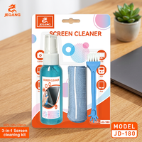 JEQANG JD-180 Kit de Nettoyage d'Écran Transparent 3-en-1 avec Spray, Liquide Anti-bactérien et Anti-statique, Brosse pour Interstices et Chiffon en Microfibre pour Écrans LCD