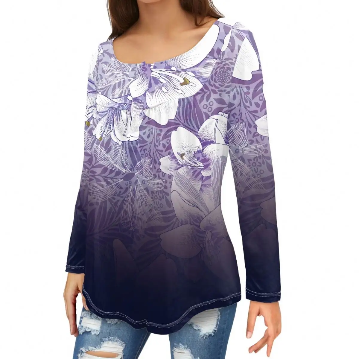 सुंदर मुद्रित शर्ट महिलाओं के वसंत शरद ऋतु शरद ऋतु महिलाओं के नए डिजाइन बटन नीचे v गर्दन लंबी कीमोज़