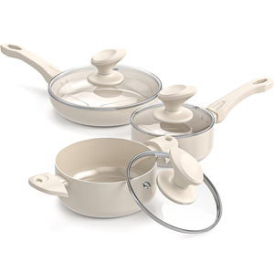 Ensemble de casseroles en céramique antiadhésives modernes 6 pièces avec poignées en bakélite et couvercles en verre pour cuisinières à gaz et à induction - Product Image 1