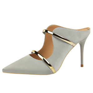 1788-2 stile europeo e Americano femminile <span class=keywords><strong>sexy</strong></span> sandali stiletto tacco alto in raso bocca superficiale a punta cava di metallo pantofole - Product Image 2