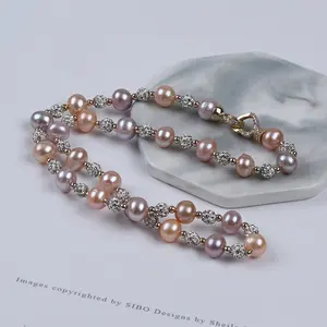 Fashion elegant pink purple freshwater natural pearl Gold diamond beads chain women Necklace