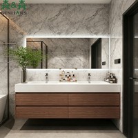 Meuble-lavabo flottant moderne et minimaliste SLS avec double vasque en céramique, miroir intelligent LED et armoire personnalisée en grain de bois