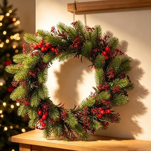 Christmas Artificial <b>Wreath</b> 45cm Red Berries Pine Branches Decorative Ring Home Door Hanging Ornament Festive Decoration - Product Image 3