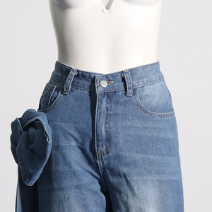 Nouveau Jean Femme Taille Haute à Jambes Larges, Style Délavé, avec Empiècements et Nœud, Tendance - Product Image 5
