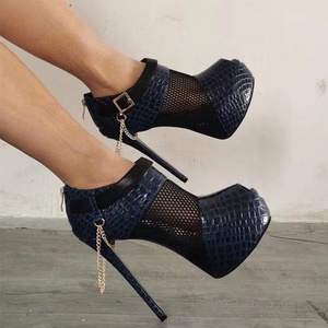 14cm Heels Women Stiletto Dress Shoes extreme High Platform Heels <b>Fishnet</b> Sandals Summer Metallic Chain Peep Toe Pumps for Women - Product Image 2