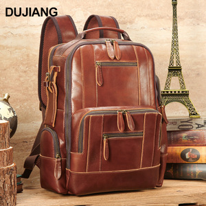 Dujiang Men's Oil Wax Leather <b>Backpack</b> Top Layer Cowhide Laptop <b>Backpack</b> Retro Outdoor Casual Travel Bag - Product Image 2