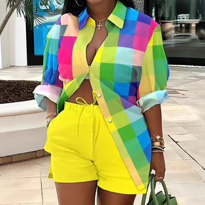 Conjunto de traje informal para mujer, camisa a cuadros de colores, pantalones cortos amarillos, Smlxl2xl3xl, estilo europeo y americano, traje para ir al trabajo - Product Image 1