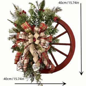 AYOYO Décoration de Noël d'extérieur moderne et écologique faite à la main, couronne de <span class=keywords><strong>porte</strong></span> en bois avec roue de roulette et pommes de pin artificielles - Product Image 5