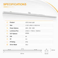 Luminaire linéaire LED T5 T8 commercial 30W 43W 58W 4000K 180 lm par W 2kV de tension de pointe DALI 5 ans IP40 IK08 Installation rapide sur rail