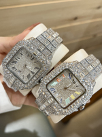 Reloj de cuarzo para hombre con diamantes brillantes y diseño cuadrado, estilo moderno.