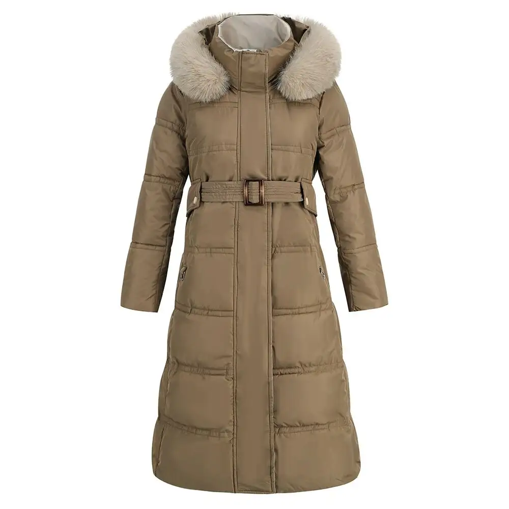Женское Стеганое пальто с капюшоном, длинный утепленный пуховик с большим меховым воротником, зима 2020