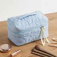 Boîte à cosmétiques matelassée à motif floral, avec ruban, fermeture éclair, poignée portable, grande capacité, trousse de toilette de voyage