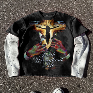 Tùy Chỉnh Nhiệt Dài Tay Áo Thời Trang Phố Nam Unisex Quá Khổ Boxy Rhinestone Cổ Điển Rửa Hai Lớp Dài Tay Áo T Áo Sơ Mi - Product Image 4