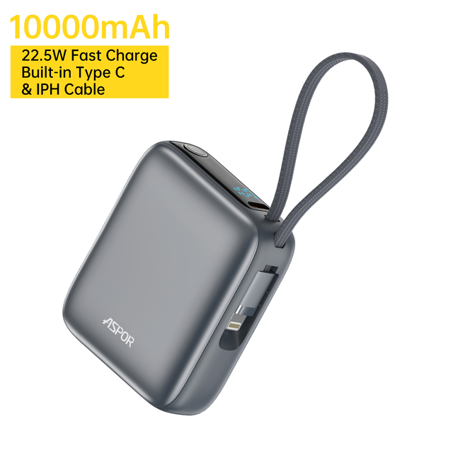 ASPOR A378 Mini Power Bank 10000mAh with 2 Built-in Cables, 22.5W Fast Charging Portable Charger, Mini Digital Display With CCC