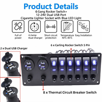 Panneau de commutation à bascule marin 6 interrupteurs avec disjoncteur, prise USB PD, voltmètre 12V-24V, pour voiture et bateau, étanche