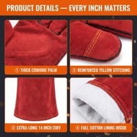 Gants de soudage en cuir de vachette antidérapants de haute qualité, résistants à la chaleur, épais, à manches longues