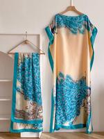 Ensemble robe longue imprimée pour femme, robe Moomoo assortie + bandeau foulard, tissu tissé décontracté, tenue légère toutes saisons