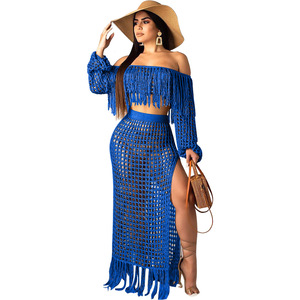 Ensemble 2 pièces décontracté et sexy pour femmes grandes tailles, haut épaules dénudées et robe longue jusqu'aux chevilles, cache-maillot de bain, tenue de plage - Product Image 2