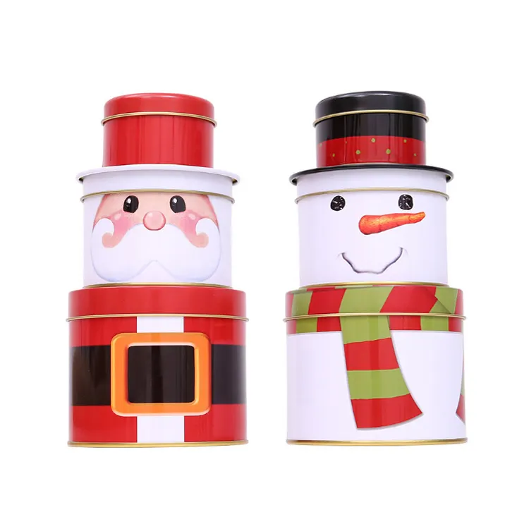 Noel baba teneke kutu kardan adam yuvarlak çerez şeker depolama üç katmanlı noel hediyesi teneke sahipleri kutusu kapaklı