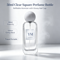 Flacon de parfum rechargeable en verre transparent de 50 ml, col serti de 15 mm, atomiseur de parfum carré vide brillant pour capuchon, vaporisateur portable de voyage