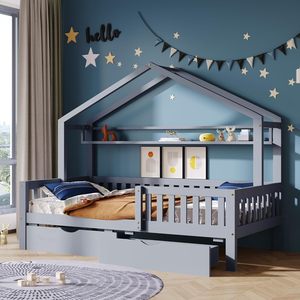 <span class=keywords><strong>Lit</strong></span> plateforme pour enfants <span class=keywords><strong>de</strong></span> taille double, confortable et durable, avec tiroirs <span class=keywords><strong>de</strong></span> rangement, étagères, cadre en bois, lattes, meubles <span class=keywords><strong>de</strong></span> chambre à coucher modernes gris - Product Image 3