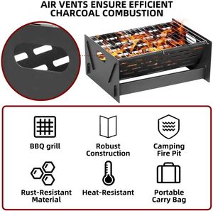 Portable Carbon Steel Brushed Outdoor BBQ Smoker Foldable <b>Garden</b> Grill with Charcoal Fuel for Camping Travel Includes Gloves - Product Image 6