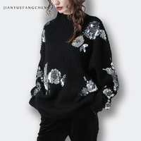 Pull-over pour femme en maille plate OEM&ODM, broderie florale de luxe avec perles et sequins, style artistique haut de gamme, faible MOQ