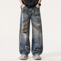Jeans vintage baggy déchirés personnalisés pour hommes, coupe ample, denim délavé avec éclaboussures de peinture pour le streetwear