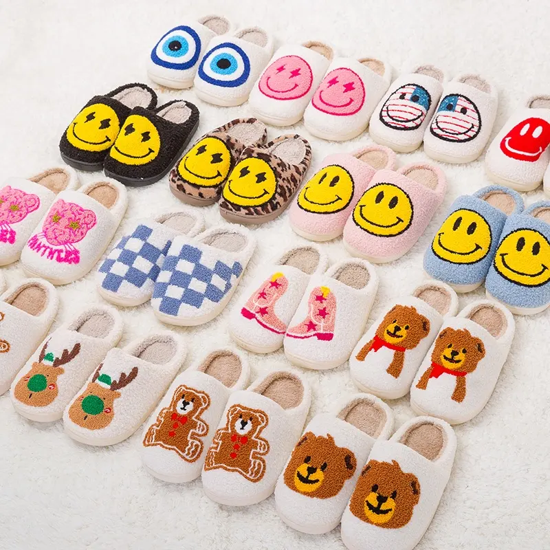 Slippers woman ladies wholesalers custom home slippers smiley face plush winter fuzzy house furry slippers for women