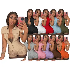 2023 Summer New Casual Overalls Shorts Jumpsuit Women Clothing Bodycon Zip Romper One Piece Cargo Jumpsuit with Pocket for Woman