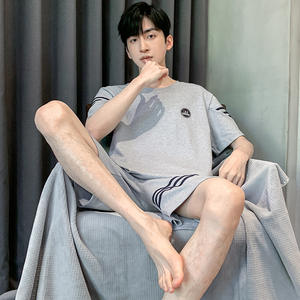 Set <span class=keywords><strong>pigiama</strong></span> in <span class=keywords><strong>cotone</strong></span> traspirante da <span class=keywords><strong>uomo</strong></span> estivo a manica corta Casual in due pezzi per indumenti da casa <span class=keywords><strong>pantaloncini</strong></span> da notte per la stagione calda - Product Image 3