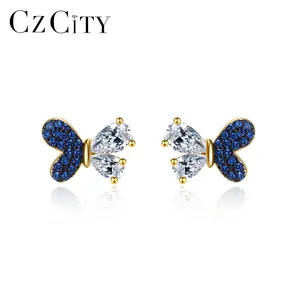 CZCITY Sapphire Statement Woman Earing New Silver Women's Small Colorful Cute Trendy Blue Butterfly Earring