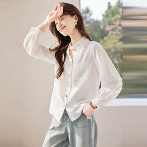 White Women's Shirt Long Sleeve Solid Color Poplin Work Blouse Simple Style - Product Image 4