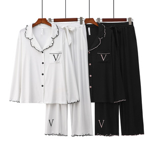 PJ-053 Conjunto de Pijama de Modal Tejido para Mujer, Manga Larga, Cuello Camisero, Rayas Anchas, Corte Holgado, Ropa de Dormir para Otoño e Invierno, Dos Piezas - Product Image 2