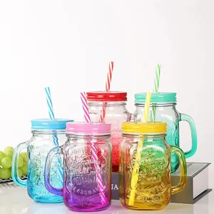 Customized 500ml Gradient Color Embossed Wide Mouth Square Juice Drinking Cup Handle Glass Mason Jar