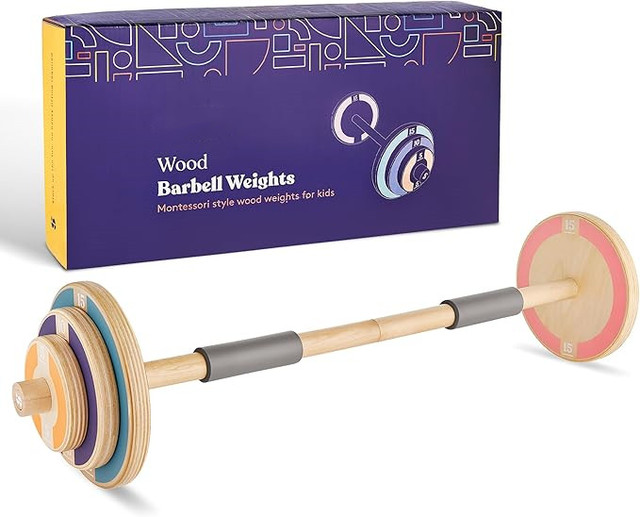 Wellshow Kids Wooden Play Workout Weights Adjustable Barbell Weight Perfect Exercise Workout Set 1 Barbell
