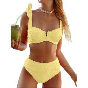 Conjunto de Bikini de Cintura Alta Personalizado para Mujer, con Tirantes, Texturizado, Elástico, Traje de Baño de 2 Piezas para Verano - Product Image 3