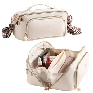 BS-MALL Custom Makeup Bag PU Leather Waterproof Toiletry Pouch Waterproof Travel Open Flat Makeup Bag with Shoulder Strap