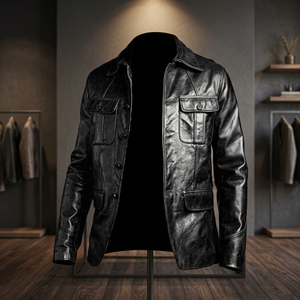<b>Men</b> Genuine Leather <b>Jacket</b> Stand Collar Single Breasted Workwear Style Solid Color Winter Wear Regular Fit Front Quick Dry - Product Image 1